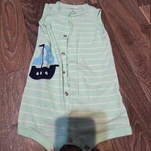 6 Month Green Striped Baby Tank Button Up Onesie